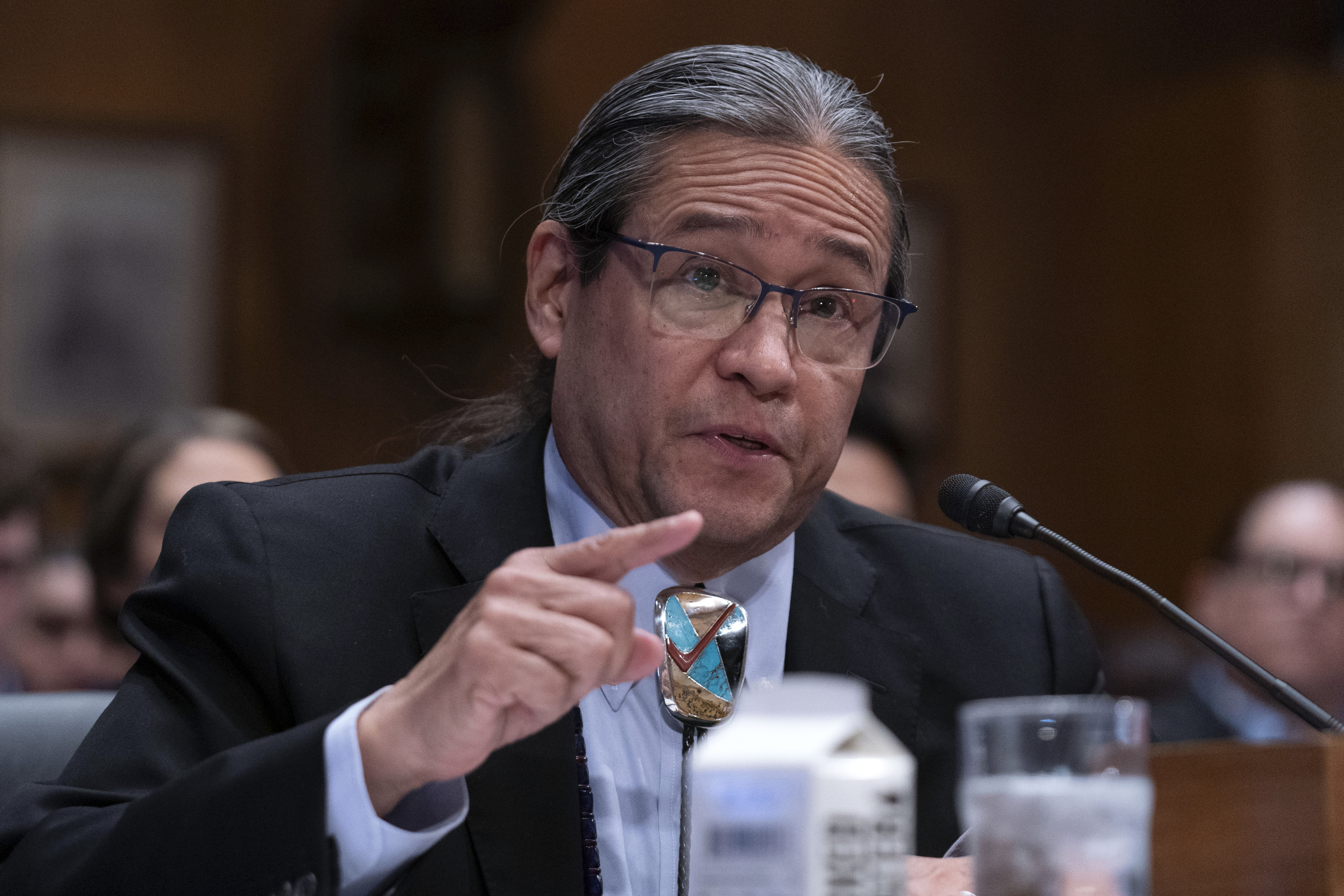 Mark Macarro, President, National Congress of American Indians, testifies before the Senate Indian Affairs Committee during a hearing on Native communities' priorities for the 119th Congress, on Capitol Hill in Washington, Wednesday, Feb. 12, 2025. (AP Photo/Jose Luis Magana)