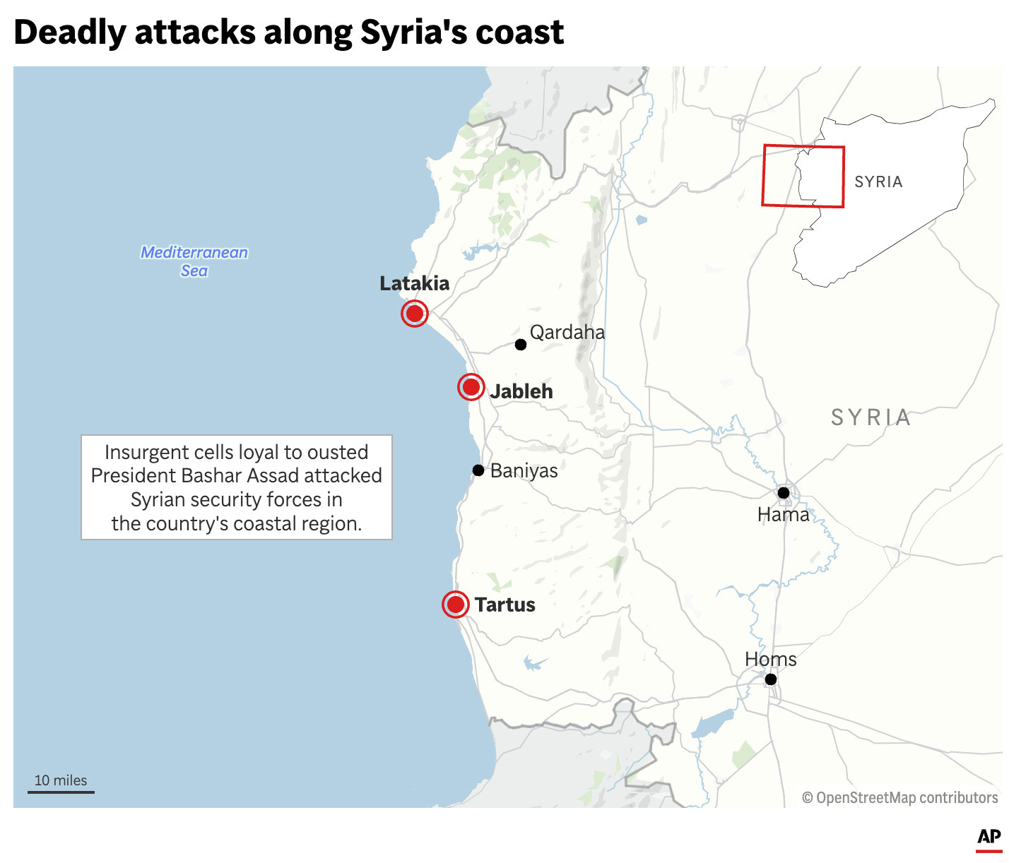 The map above locates coastal cities in Syria where clashes between Syrian security forces and gunmen loyal to ousted President Bashar Assad have killed more than 70 people. (AP Graphic)